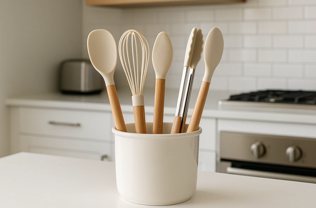 Conjunto 5 Utensílios Silicone com Cabo Madeira e Porta Utensílios