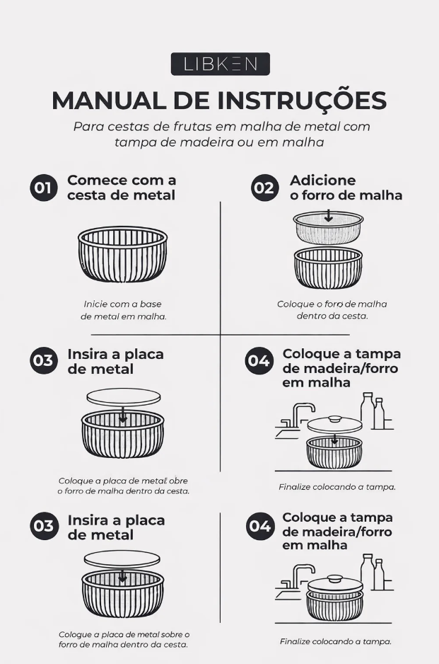 Tigela de frutas de metal com tampa e cesta de malha