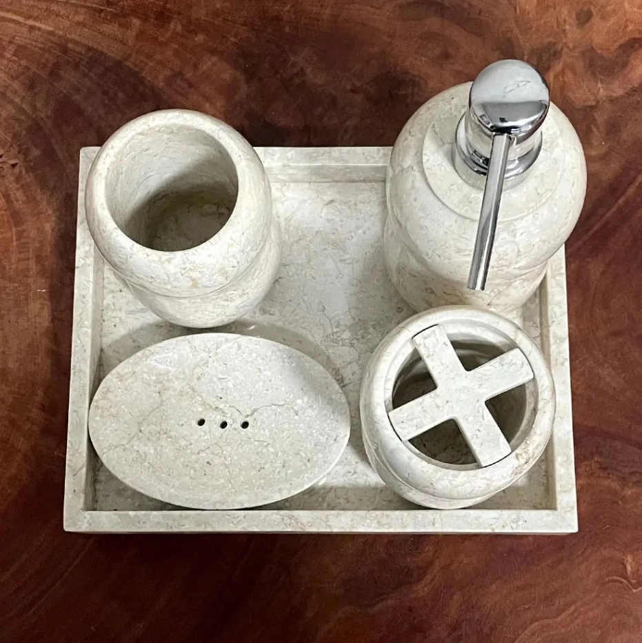 Conjunto de Banheiro em Mármore Natural Travertino Branco - 5 peças