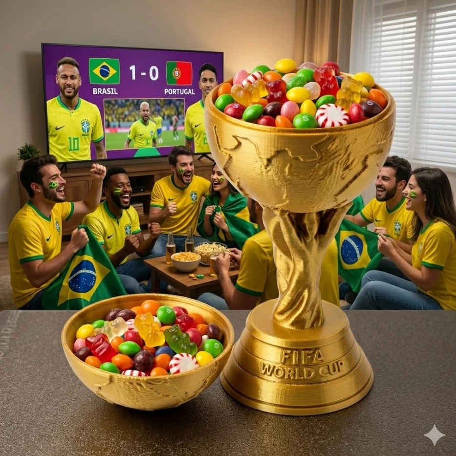 Porta Petiscos Troféu Copa do Mundo 2026 - Petisqueira Decorativa Gold - Decoração Brasil Para Balas, Doces e Petiscos