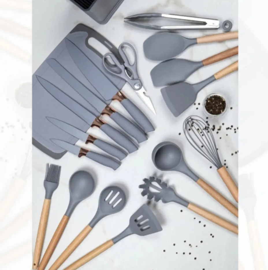 Kit Cozinha Premium 19 Peças™ | Utensílios em Silicone com Facas, Tábua e Suporte Organizador