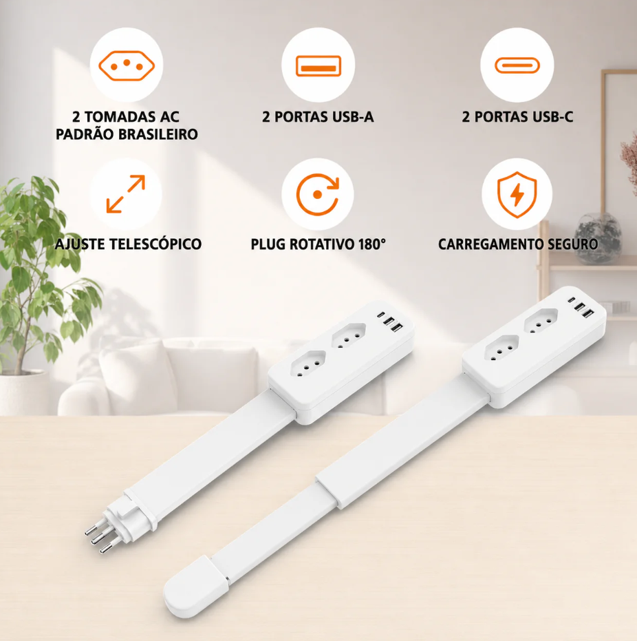 Extensor de Tomada FlexPower BR™ | Hub Inteligente Ajustável com USB-C, USB, TOMADA 2 PINOS E 3 PINOS 110/220v
