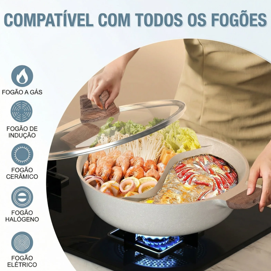 Panela Dupla Divisória Antiaderente + Kit Utensílios em Silicone