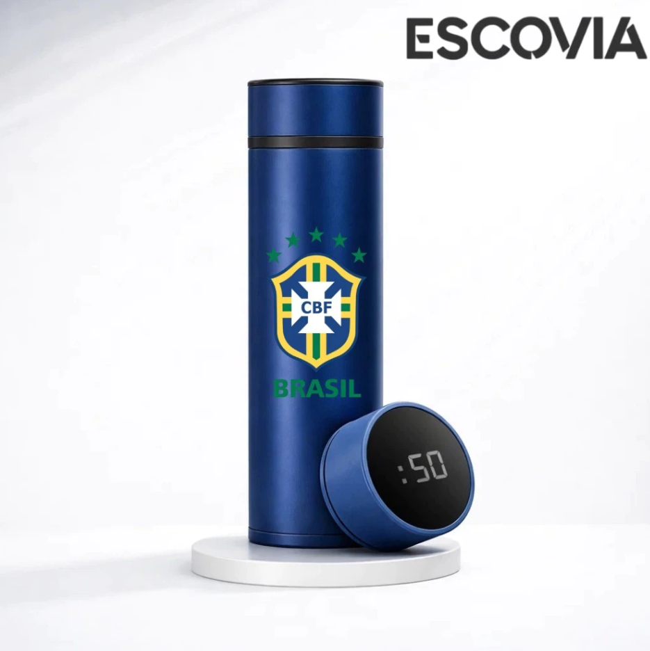 Garrafa Térmica Aço Inoxidavel Copa do Mundo Time Brasil com Medidor De Temperatura Digital 500ml