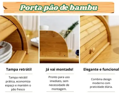 Porta Pão em Bambu com Tampa Retrátil JÁ MONTADO