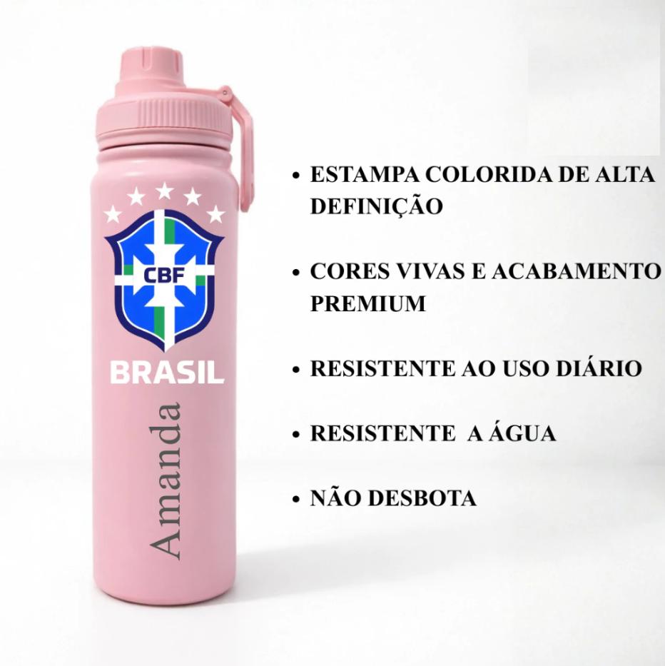 Garrafa Térmica Inox 800ml Personalizada BRASIL Copa - Presente Torcedor/Futebol Brasil