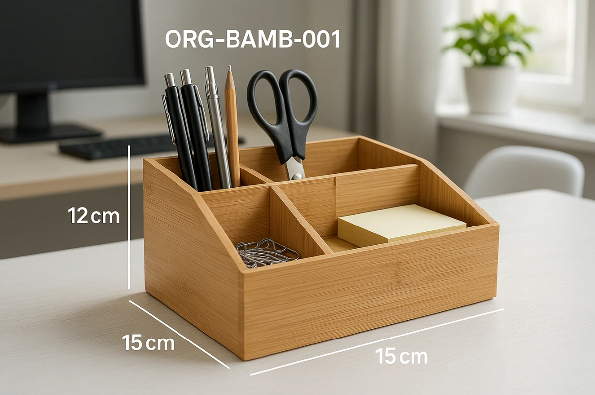 Organizador de Mesa Bambu Natural 4 Compartimentos 25x15cm