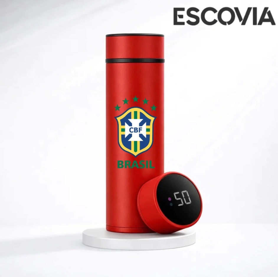 Garrafa Térmica Aço Inoxidavel Copa do Mundo Time Brasil com Medidor De Temperatura Digital 500ml
