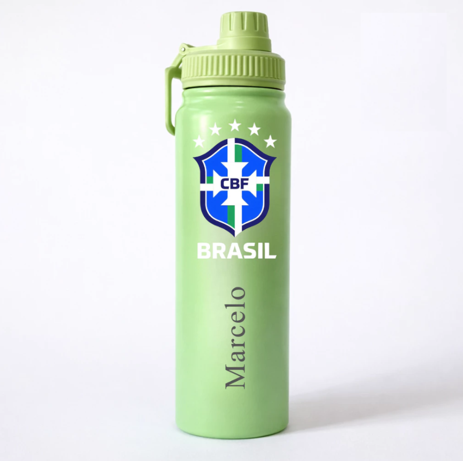 Garrafa Térmica Inox 800ml Personalizada BRASIL Copa - Presente Torcedor/Futebol Brasil