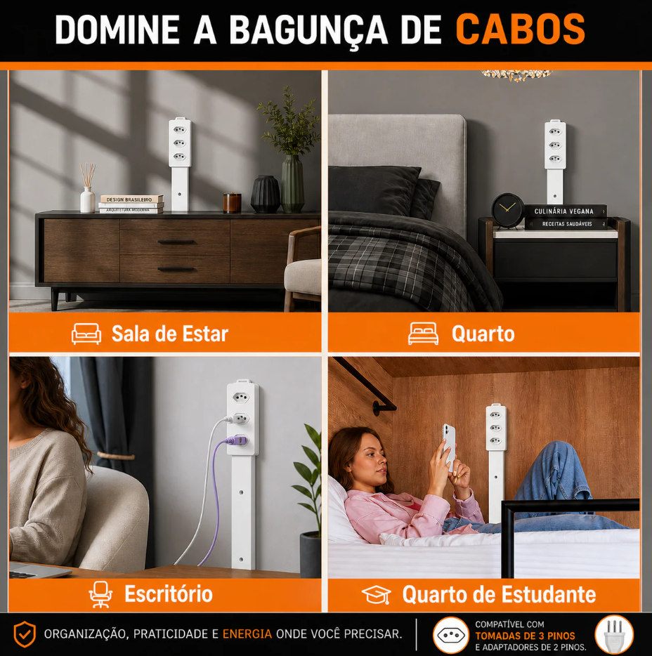 Extensor de Tomada FlexPower BR™ | Hub Inteligente Ajustável com USB-C, USB, TOMADA 2 PINOS E 3 PINOS 110/220v