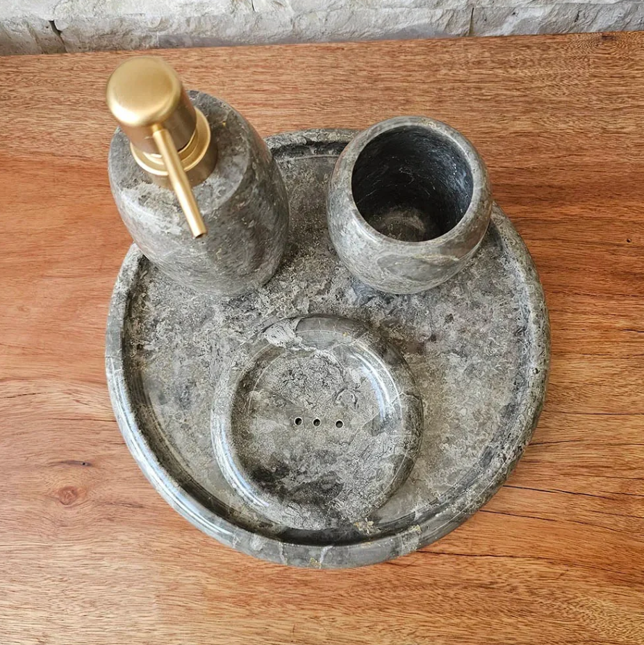 Conjunto de Banheiro em Mármore Natural Cinza - 4 peças