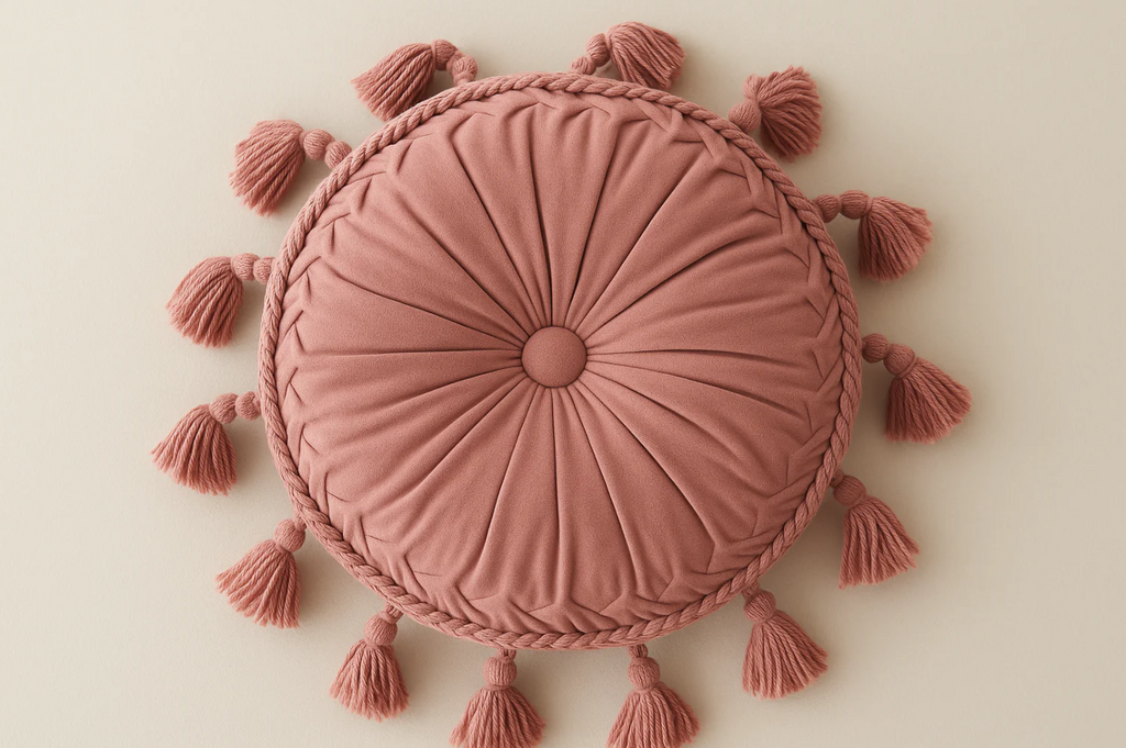 Almofada Redonda Rosa Seco com Franjas - Boho 40cm