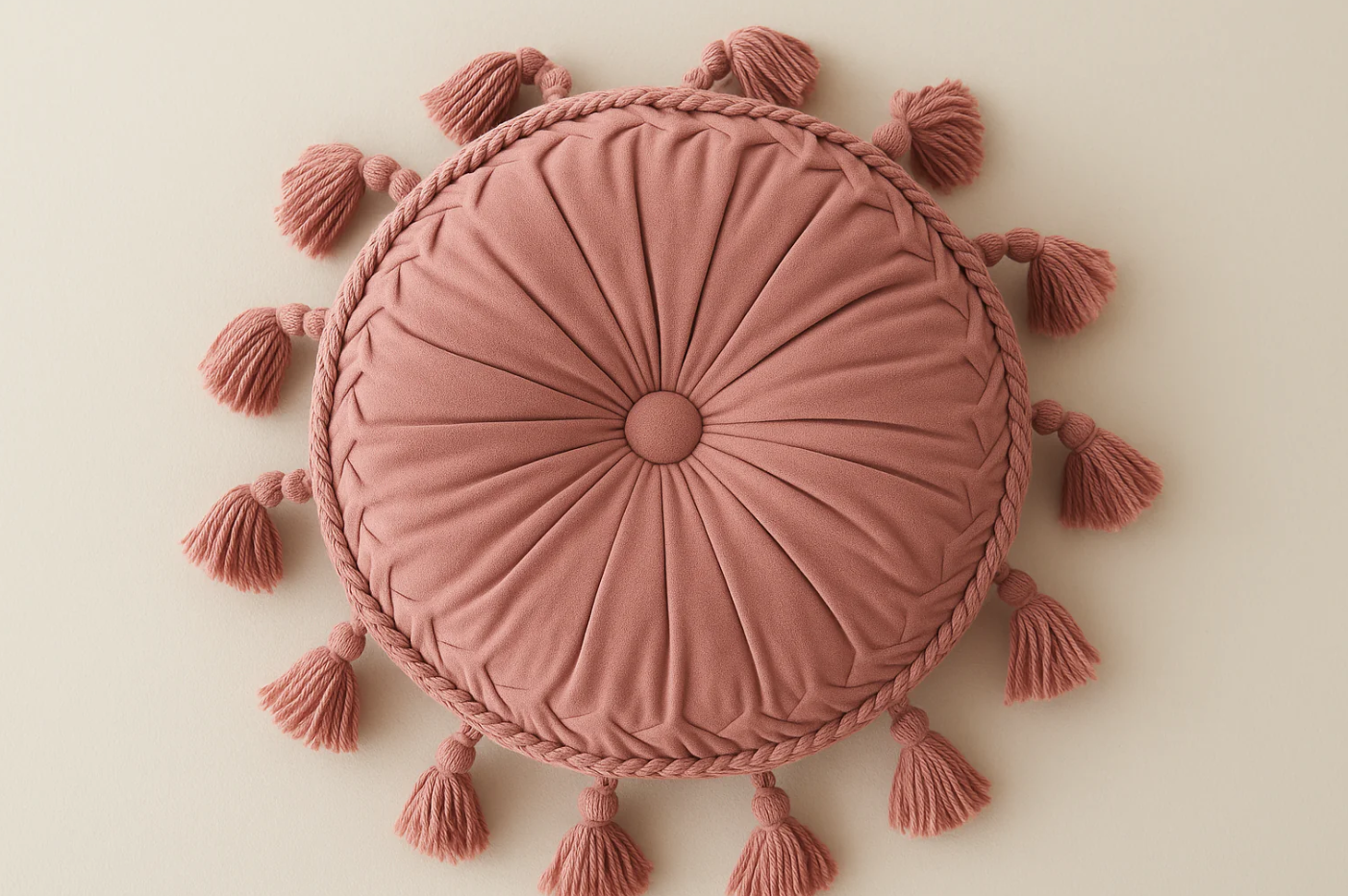 Almofada Redonda Rosa Seco com Franjas - Boho 40cm