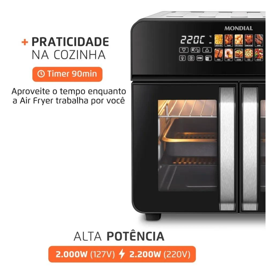 Air Fryer Forno 25L French Door Mondial Preto/Inox 2000W - AFDO-25L-FD