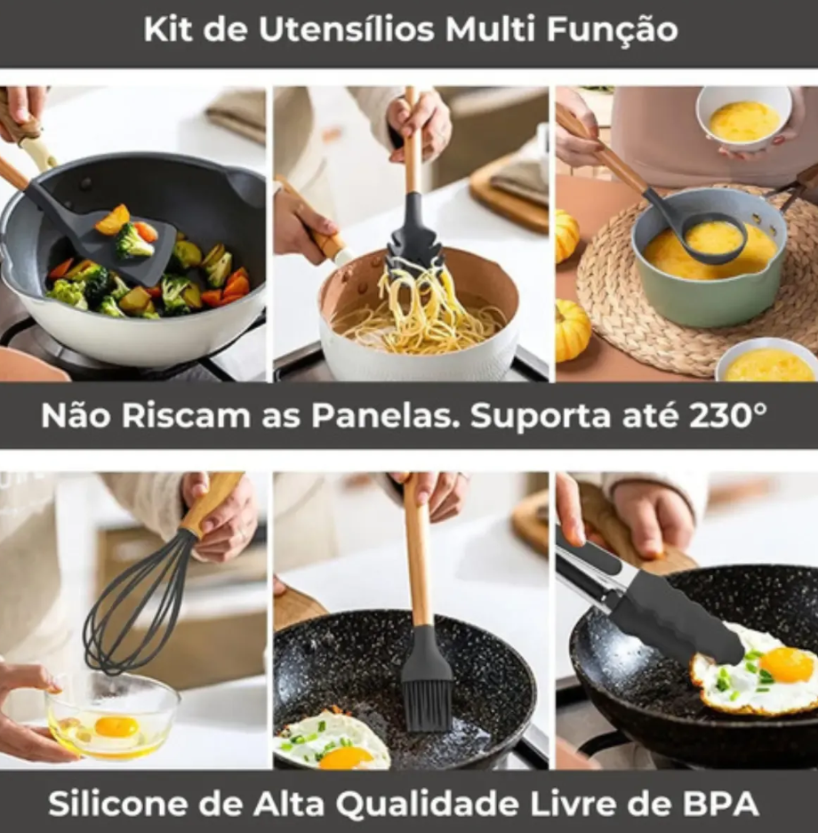 Kit Cozinha Premium 19 Peças™ | Utensílios em Silicone com Facas, Tábua e Suporte Organizador
