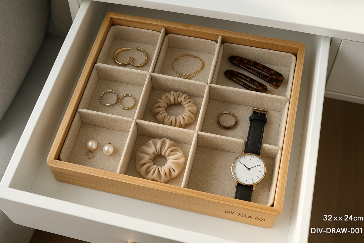 Organizador de Gaveta Bambu com 8 Divisórias Ajustáveis 32x24cm