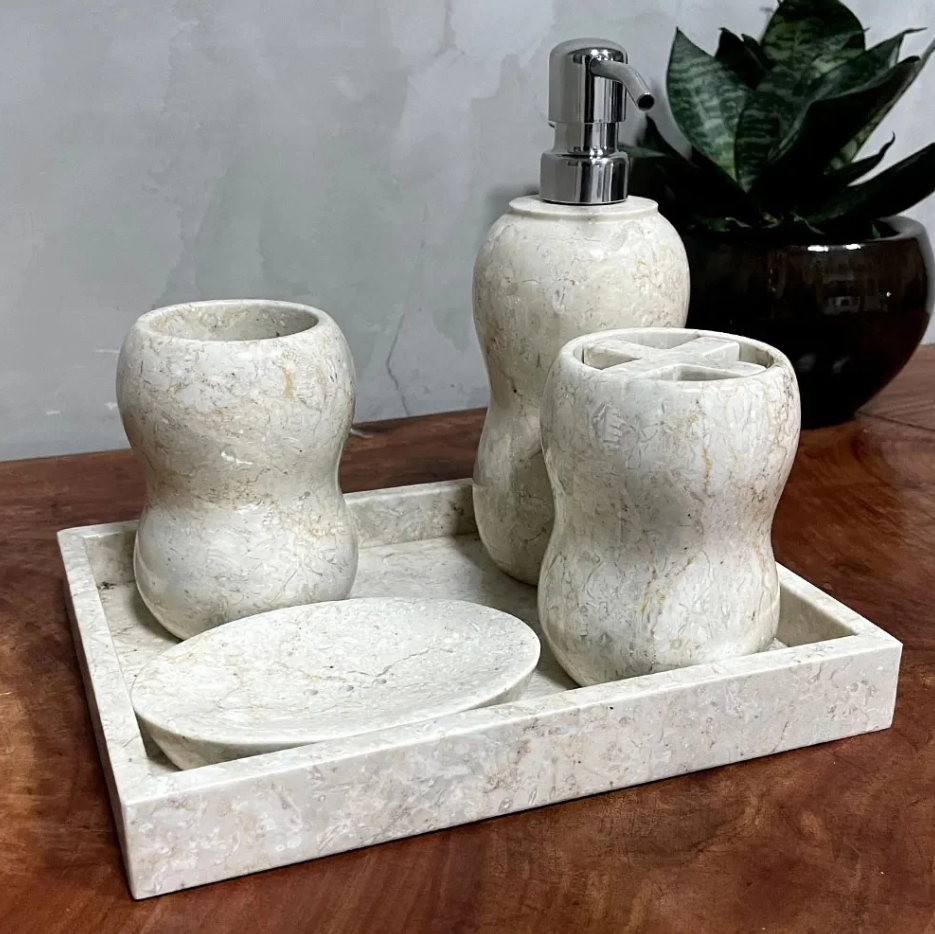 Conjunto de Banheiro em Mármore Natural Travertino Branco - 5 peças
