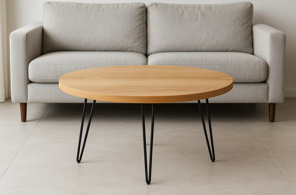 Mesa de Centro Redonda Madeira Carvalho Pés Hairpin 80cm