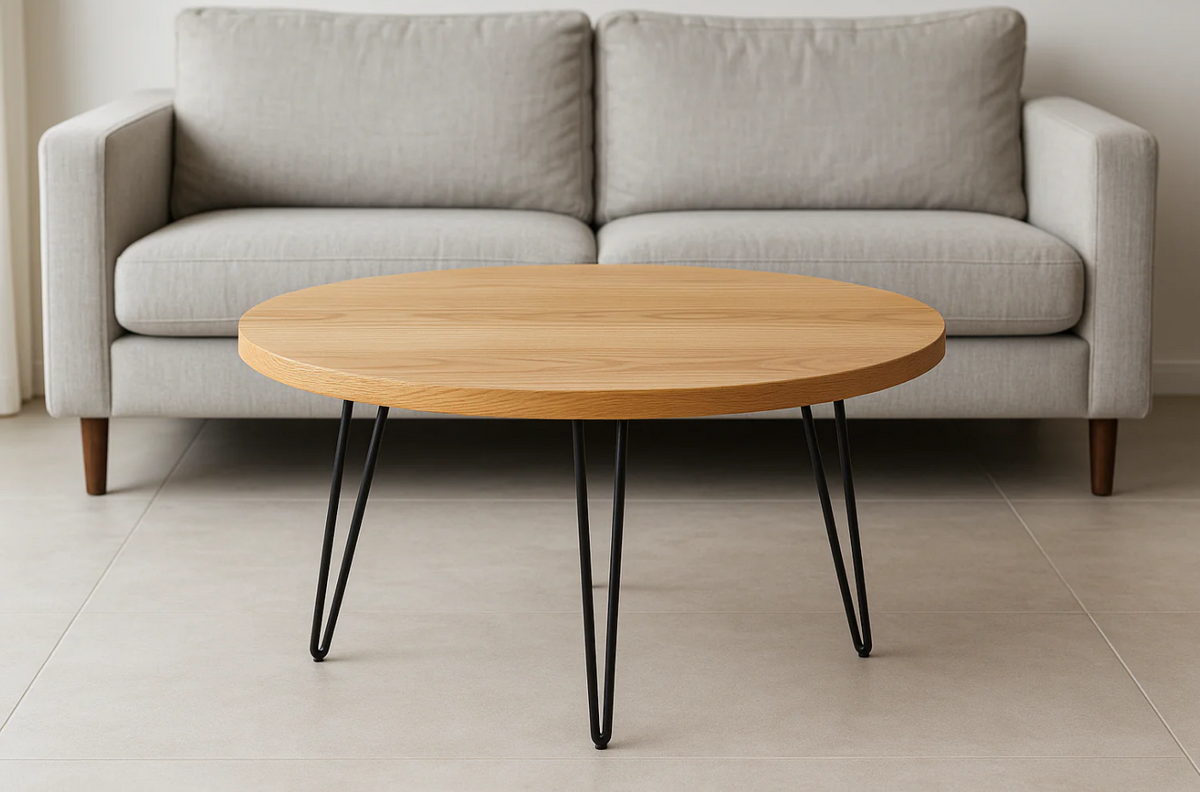 Mesa de Centro Redonda Madeira Carvalho Pés Hairpin 80cm