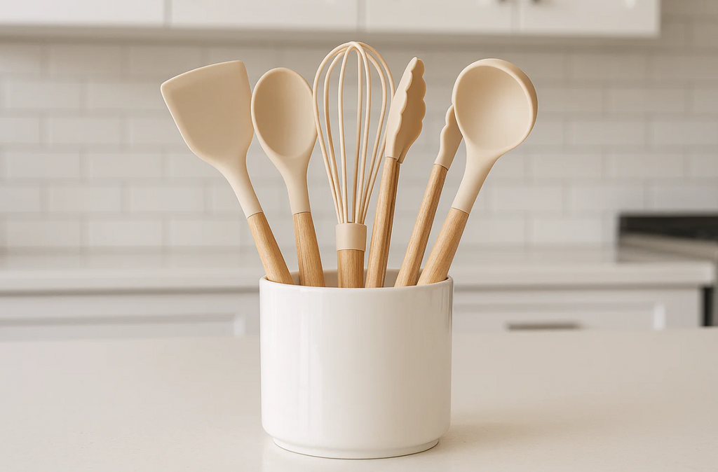 Conjunto 5 Utensílios Silicone com Cabo Madeira e Porta Utensílios