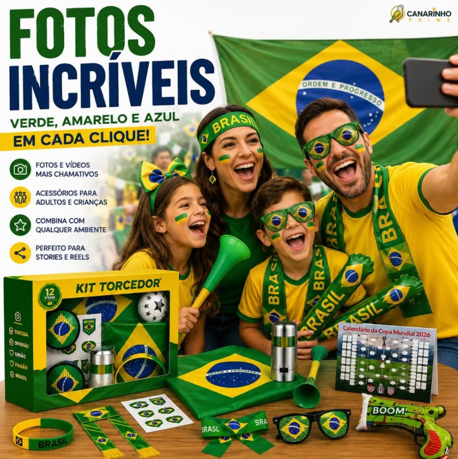 Kit Torcida Brasil Copa 2026 Completo 12 Itens Torcedor (Bandeira Grande e Acessórios)