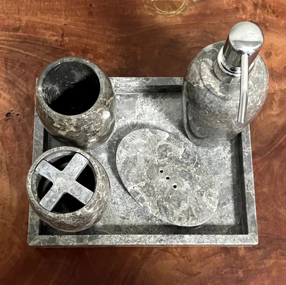 Conjunto de Banheiro em Mármore Natural Cinza - 5 peças