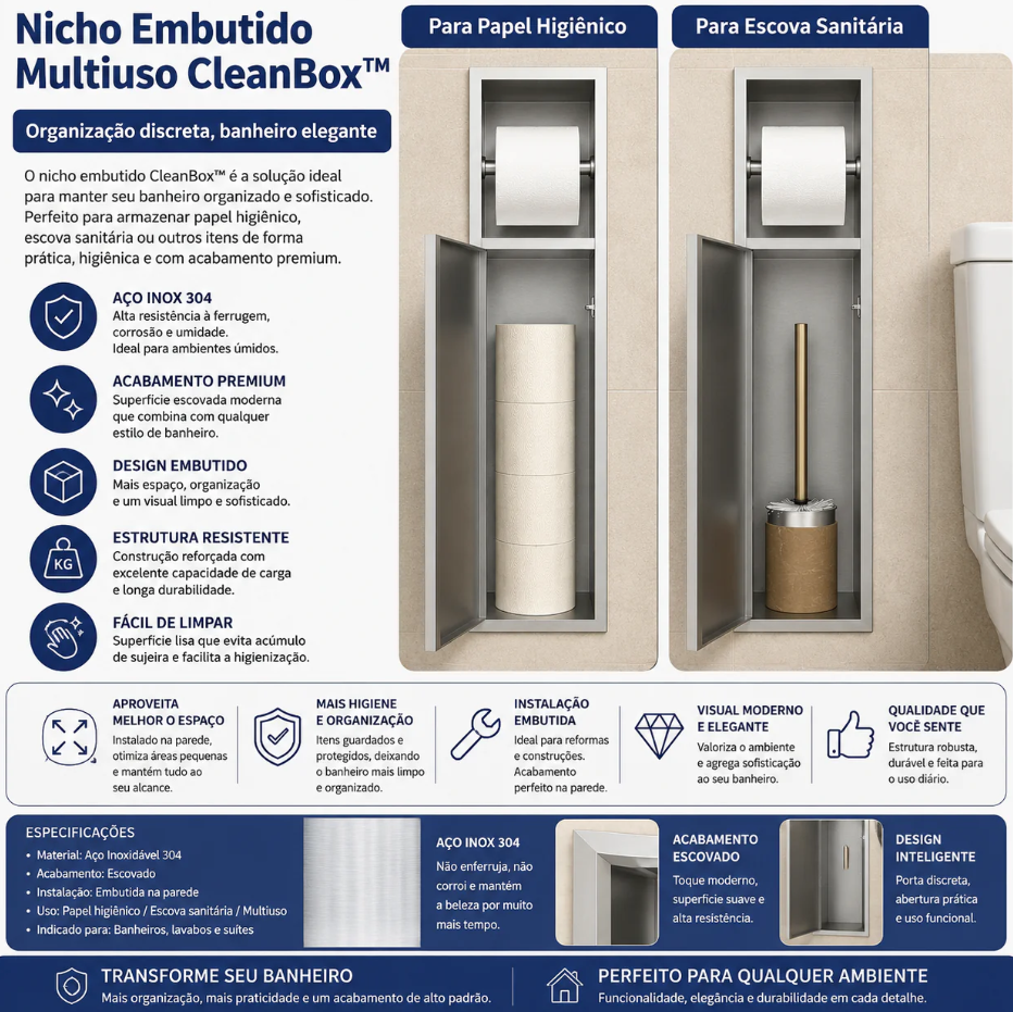 Nicho CleanSpace™  Suporte de Papel Higiênico com Compartimento em Aço Inox