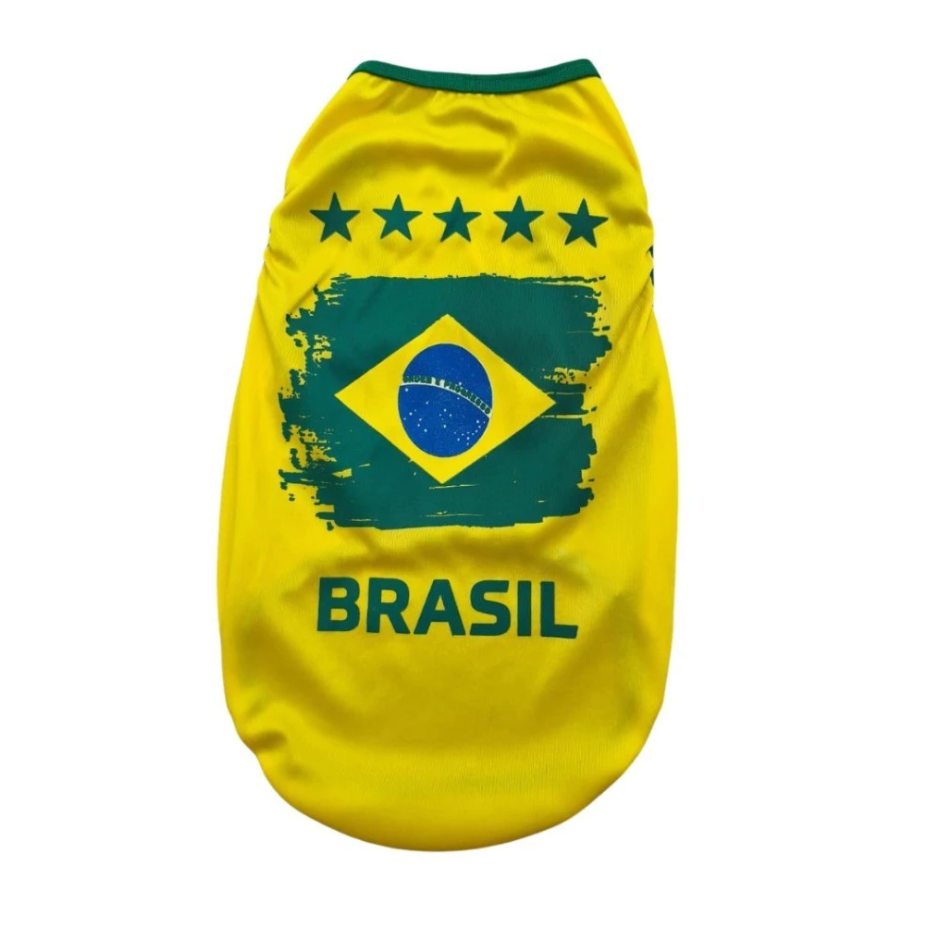 Camiseta Regata Pet Brasil Futebol – Azul e Amarela – Roupa para Cachorro e Gato – Time Copa – Confortável