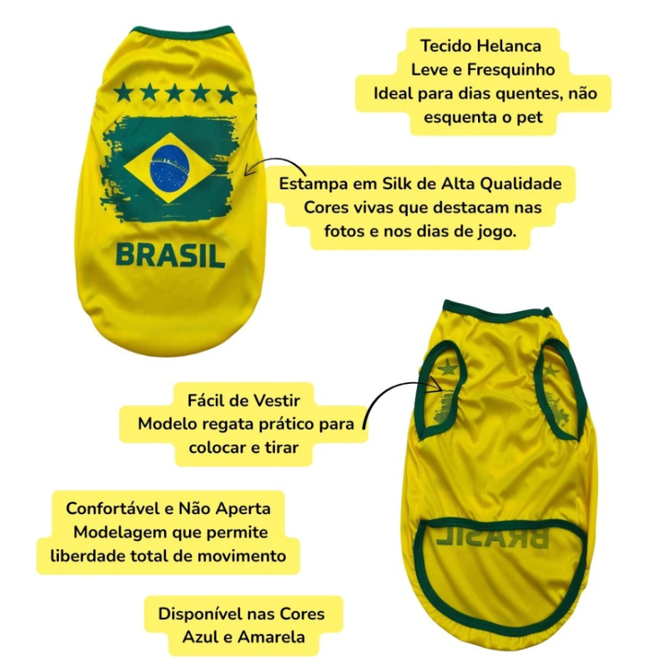Camiseta Regata Pet Brasil Futebol – Azul e Amarela – Roupa para Cachorro e Gato – Time Copa – Confortável