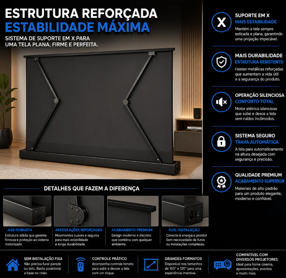 Tela de Projeção Elétrica Floor Rising Premium™ | 100” a 120” Retrátil, Motorizada e Portátil