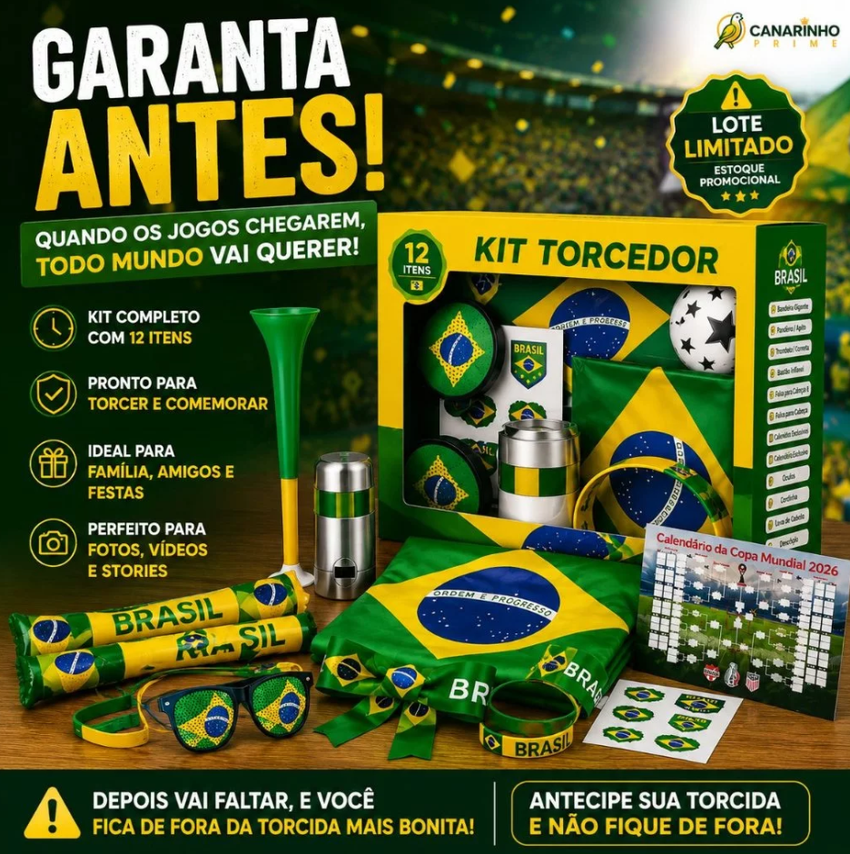 Kit Torcida Brasil Copa 2026 Completo 12 Itens Torcedor (Bandeira Grande e Acessórios)