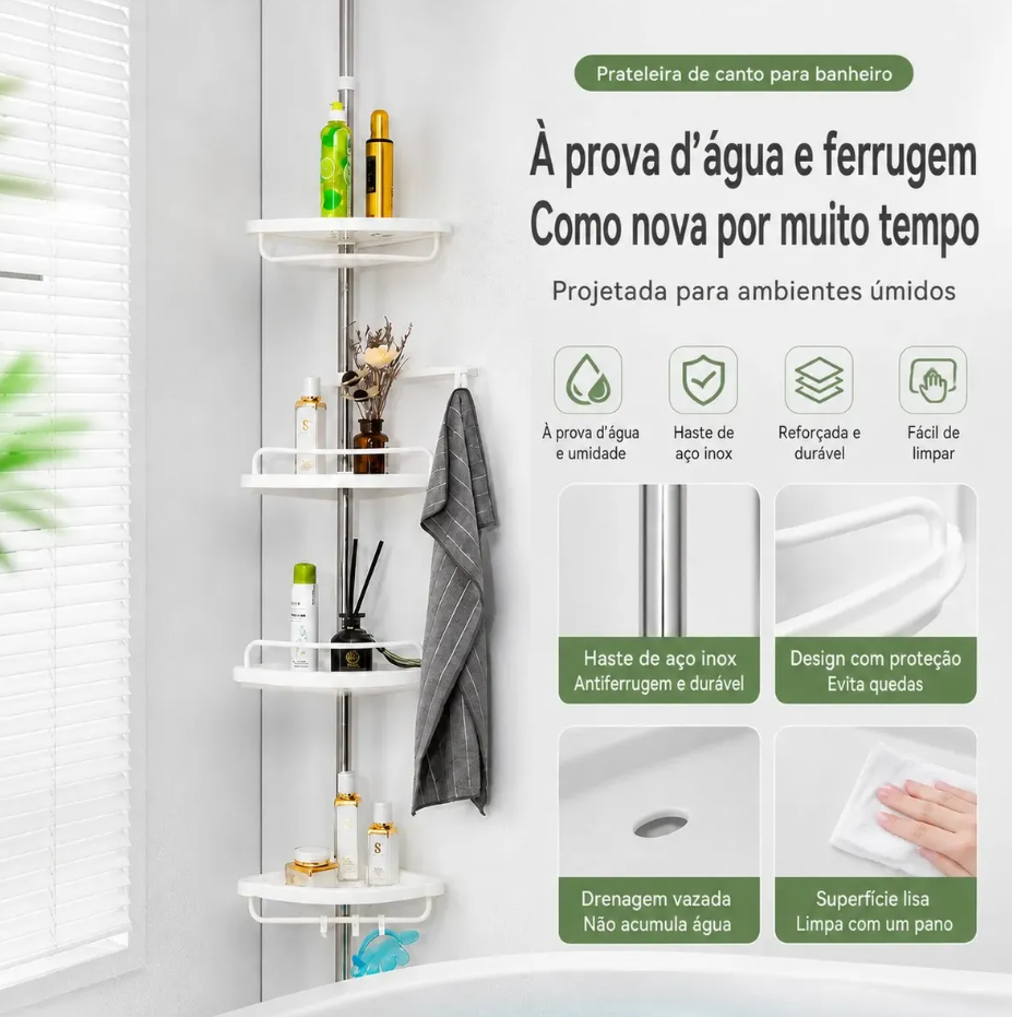 Organizador de Banheiro Ajustável SmartBath™ | Prateleira Cantoneira com Toalheiro para Shampoo, Sabonete e Acessórios