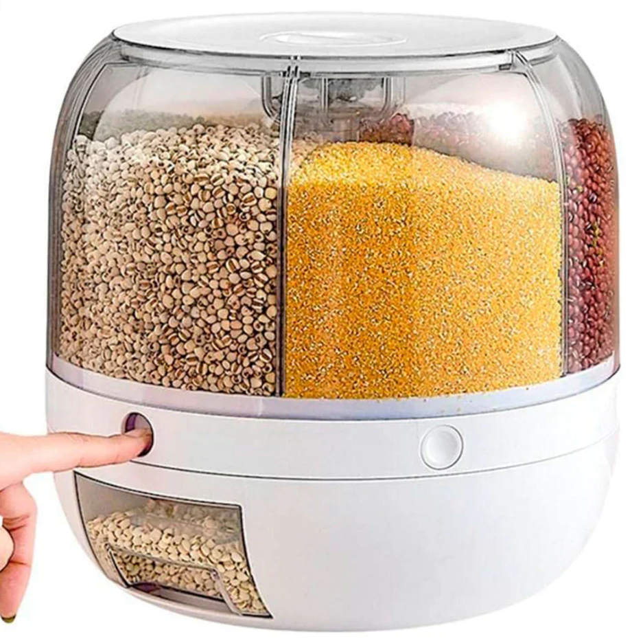 Dispenser de Cereais Giratório 6 Divisórias | Porta Grãos Organizador de Cozinha