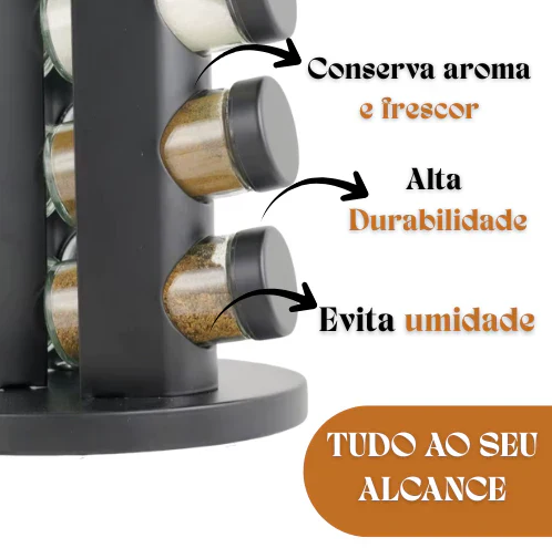 Porta Temperos Giratório 360º com Potes de Vidro e Tampa Dosadora | Organizador de Condimentos Premium