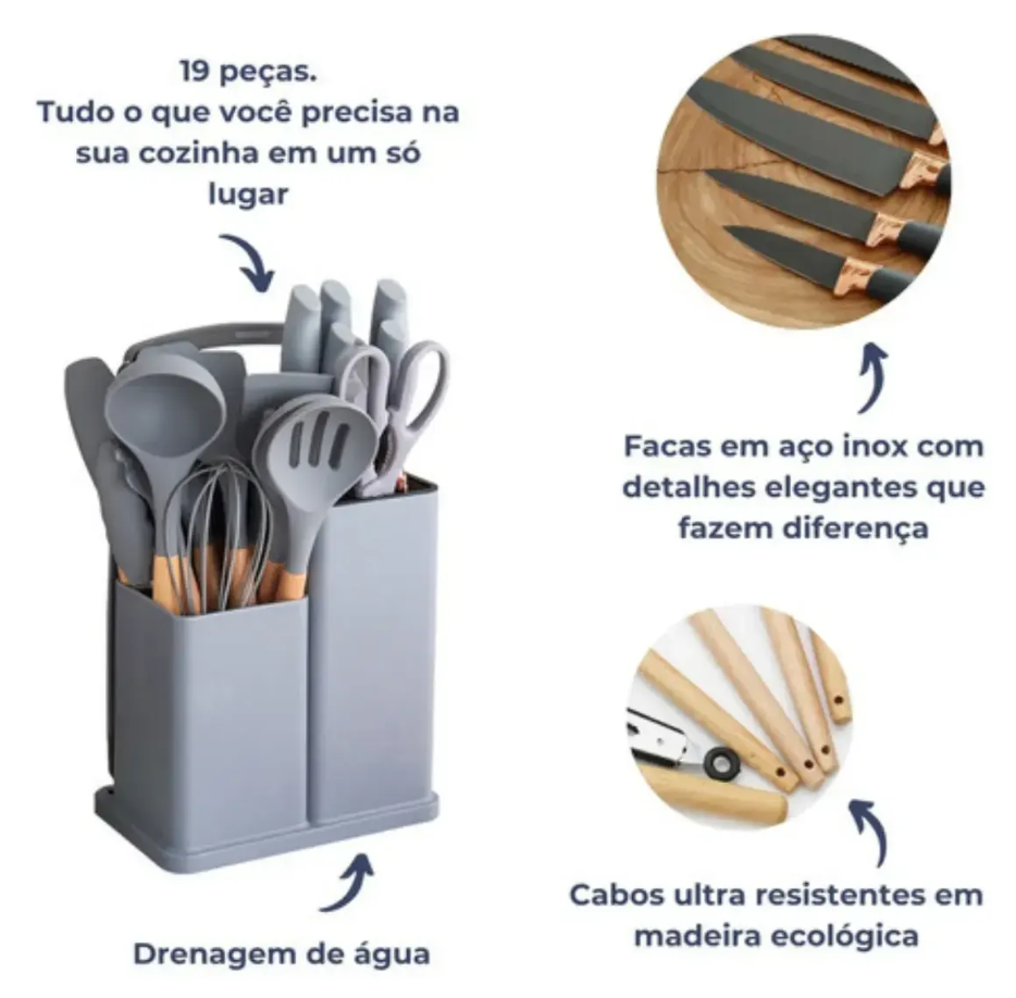 Kit Cozinha Premium 19 Peças™ | Utensílios em Silicone com Facas, Tábua e Suporte Organizador