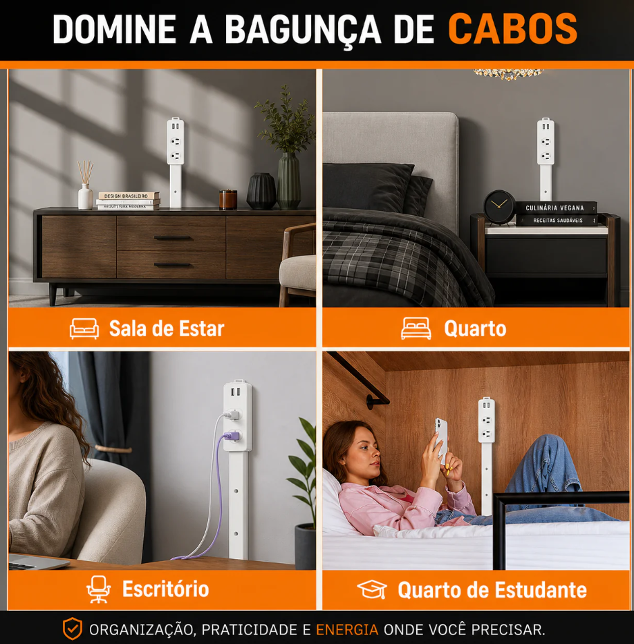 Extensor de Tomada FlexPower BR™ | Hub Inteligente Ajustável com USB-C, USB, TOMADA 2 PINOS E 3 PINOS 110/220v