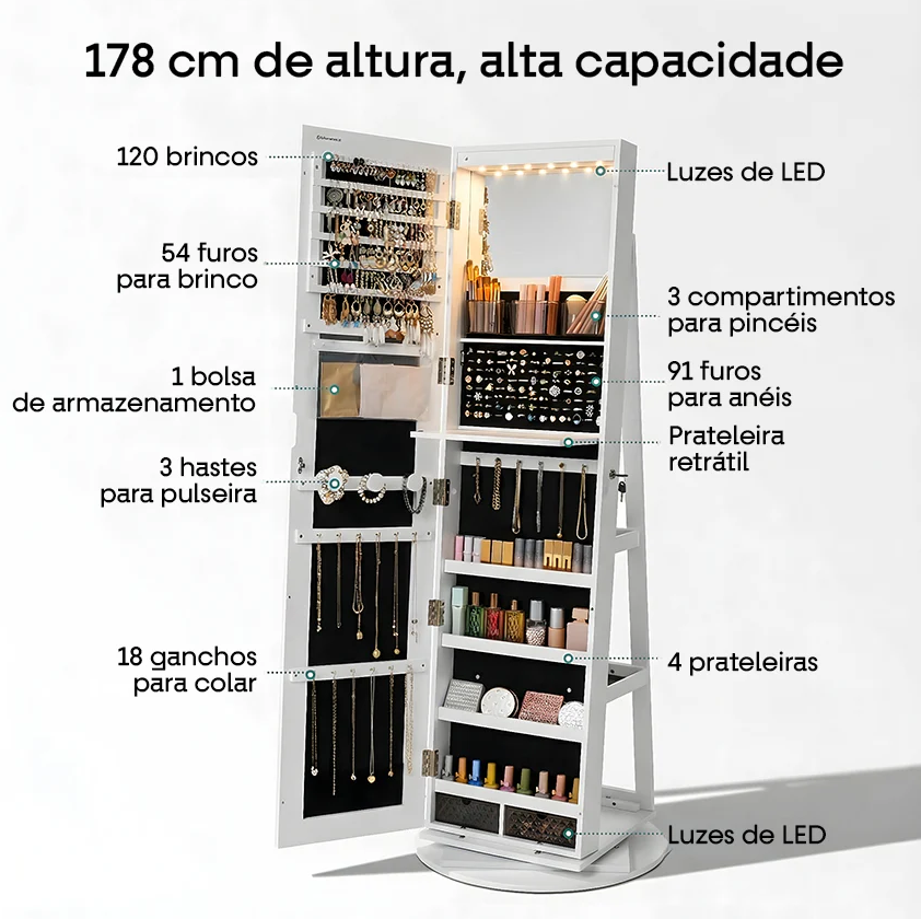 Espelho 360° 3 em 1 Penteadeira & Porta Joias e Bolsas