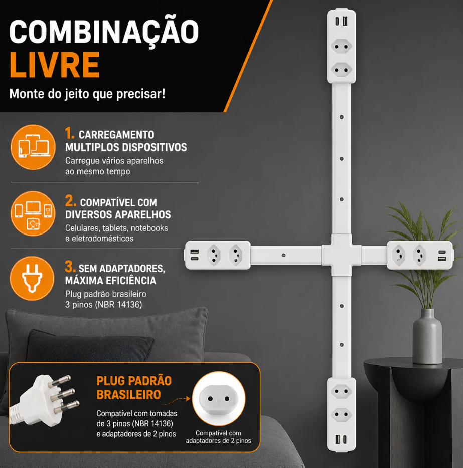 Extensor de Tomada FlexPower BR™ | Hub Inteligente Ajustável com USB-C, USB, TOMADA 2 PINOS E 3 PINOS 110/220v