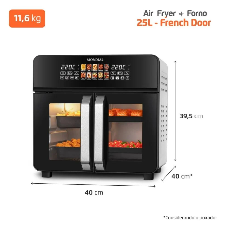 Air Fryer Forno 25L French Door Mondial Preto/Inox 2000W - AFDO-25L-FD