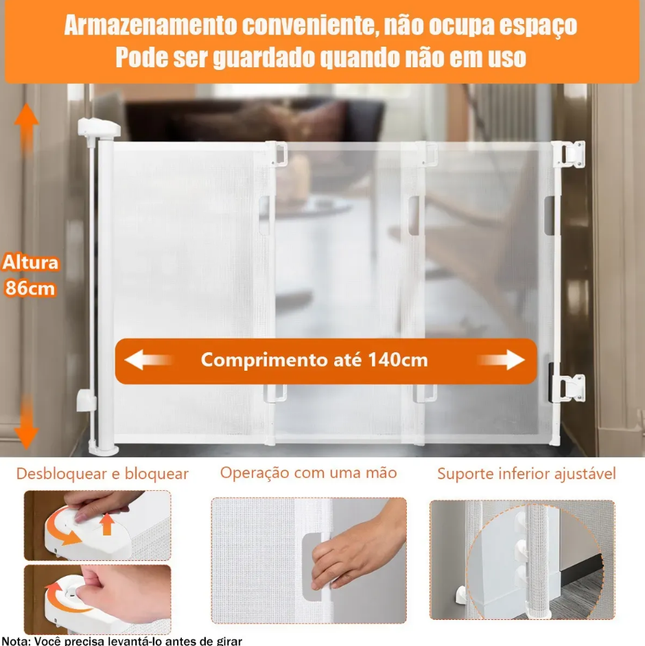 Portão Retrátil 140cm Tela Segurança Bebê Pet Cercadinho