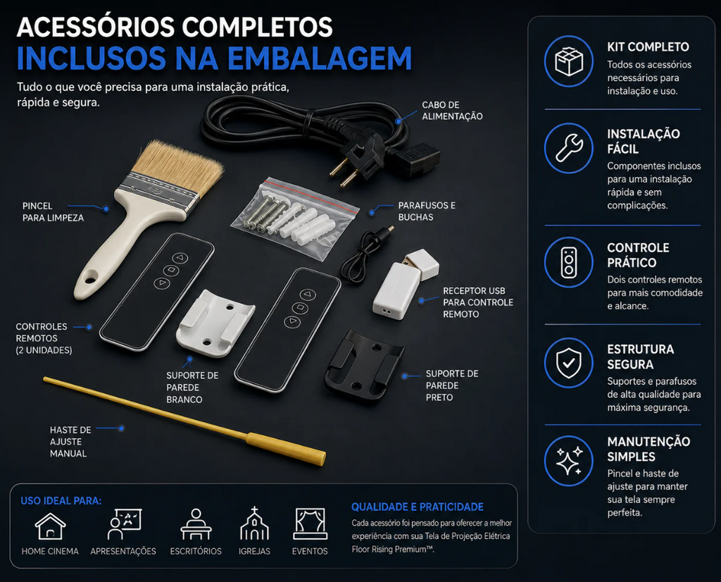Tela de Projeção Elétrica Floor Rising Premium™ | 100” a 120” Retrátil, Motorizada e Portátil