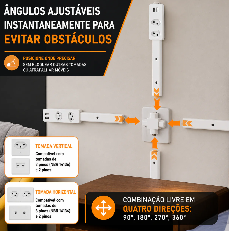 Extensor de Tomada FlexPower BR™ | Hub Inteligente Ajustável com USB-C, USB, TOMADA 2 PINOS E 3 PINOS 110/220v