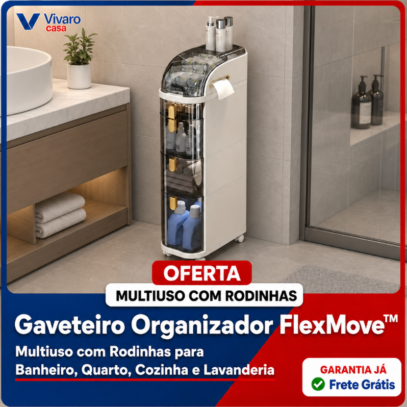 Gaveteiro Organizador FlexMove™  Multiuso com Rodinhas para Banheiro, Quarto, Cozinha e Lavanderia
