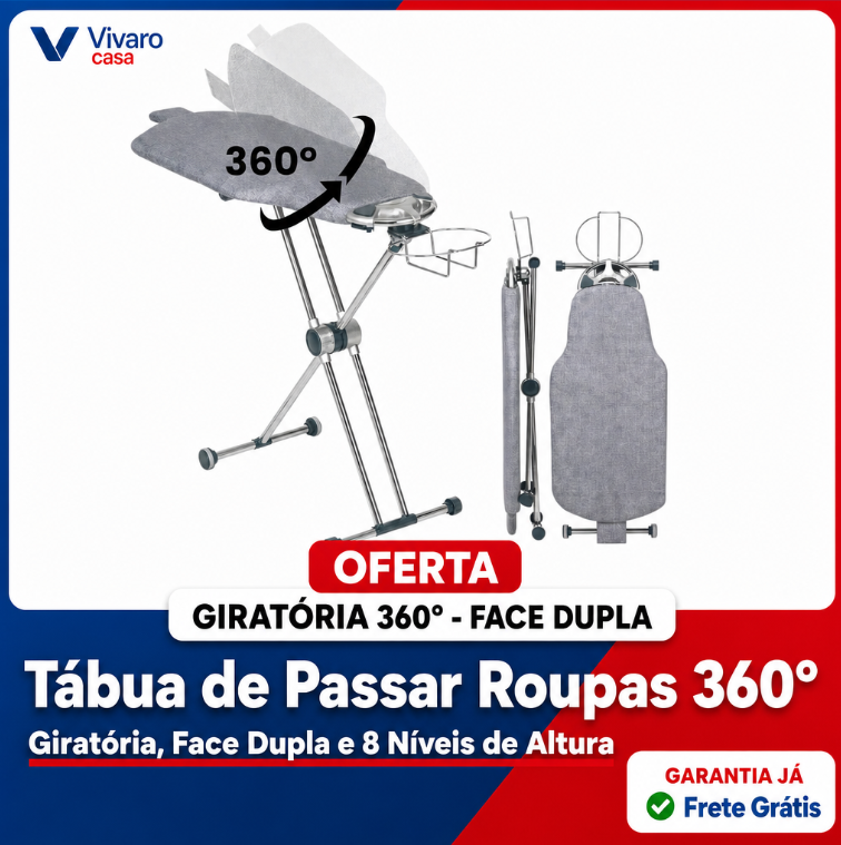 Tábua de Passar Roupas 360° – Giratória, Face Dupla e 8 Níveis de Altura